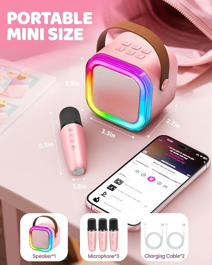 Mini Karaoke Machine for Kids, 2026 TOP Toys Birthday Gifts Ideas for Girls Ages 4, 5, 6, 7, 8, 9, 10, 12+ Years Old, Portable MP3 Player with 3 Wireless Mics for Family Home Party