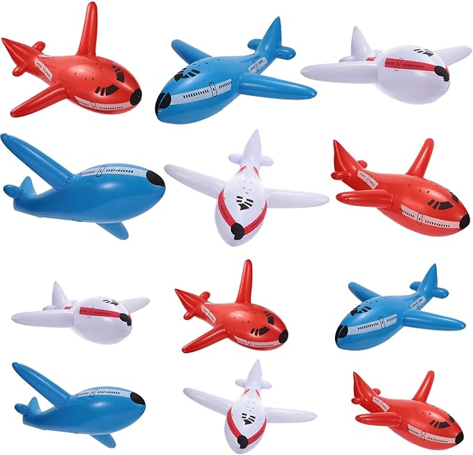 12 Pieces Inflatable Airplanes Party Decoration Red White Blue Aircraft Inflates Plane for Birthday Shower Party Supplies Pilot Adventure Themed Birthday Decor 24.5 and 15.75 Inch