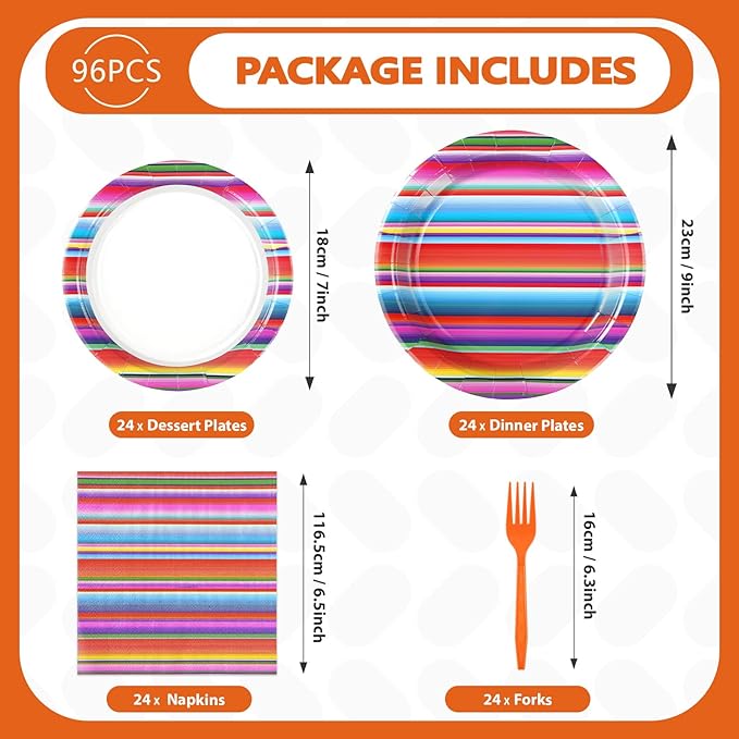 96 Pcs Mexican Fiesta Party Supplies Colorful Stripes Mexican Plates and Napkins Disposable Fiesta Tableware Set for Cinco De Mayo Dance Pinata Taco Carnival Mexican Theme Party Decorations Serves 24