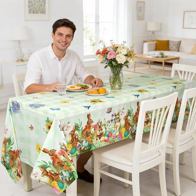 Accevo Easter Tablecloth 54 x 108 Inch Rectangle,2 Pack Easter Decorations, Disposable Plastic,Easter Bunny Table Cloth for Dining Room Spring Oblong Tablecloth Indoor Decor Party