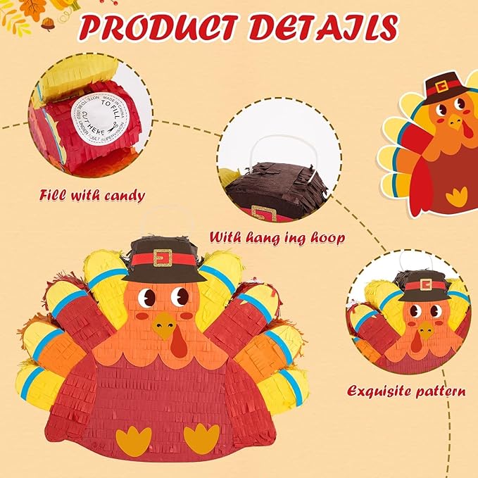 WERNNSAI Thanksgiving Turkey Piñata - Fall Decorations Red Turkey Piñata Thanksgiving Games for Kids Fall Festival Autumn Decor Carnival Party Supply with Blindfold