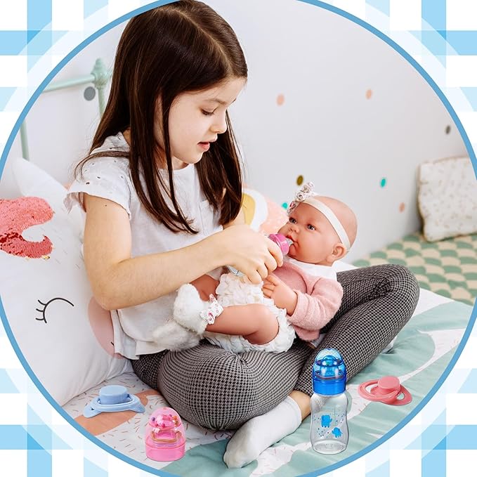 Jexine 4 Pieces Reborn Doll Accessories, Includes 2 Magnetic Pacifier and 2 Doll Bottles, Feeding Bottle Gift for Shower Birthday, Random Pattern(125 ml,Cute,Pink,Blue)