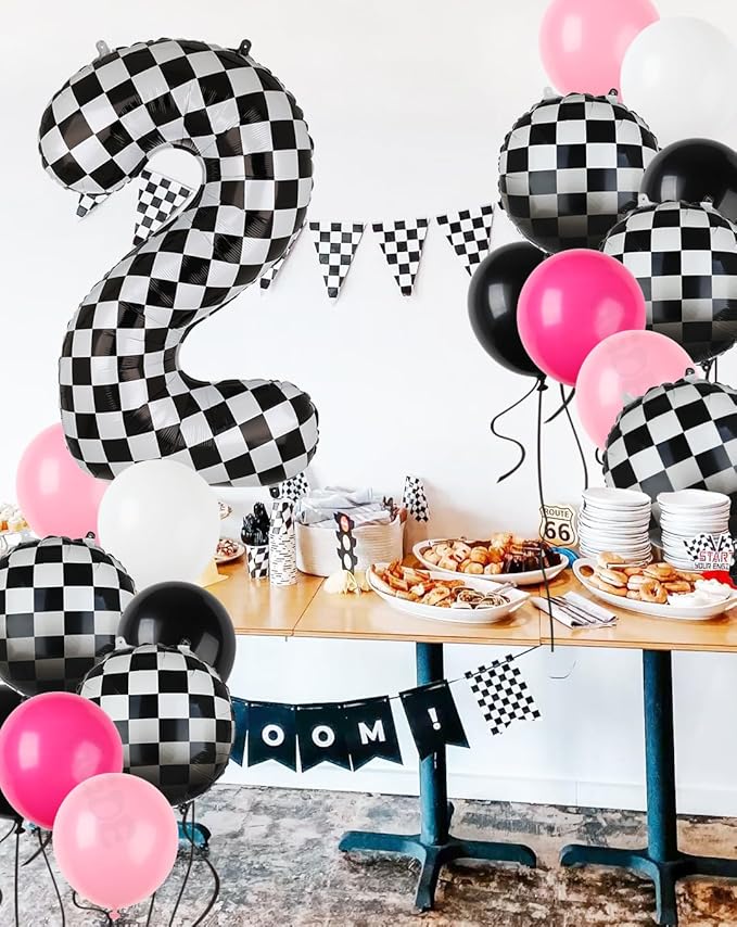 Race Car Balloon Bundle Pink Black 40 Inch Checkered Number Balloon 2 Black and White Race Car Latex Balloon Girls Two Fast Race Car 2nd Birthday Race Car Theme Party Decor Supplies 21 Pcs Kit