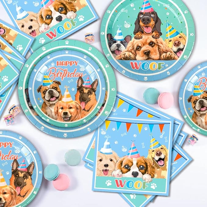 159 Pcs Puppy Birthday Party Decorations, 16 Guests Dog Birthday Tableware Set Dog Party Plates Cups Napkins Tablecloth Banner Balloon Cake Topper etc Puppy Themed Party Supplies