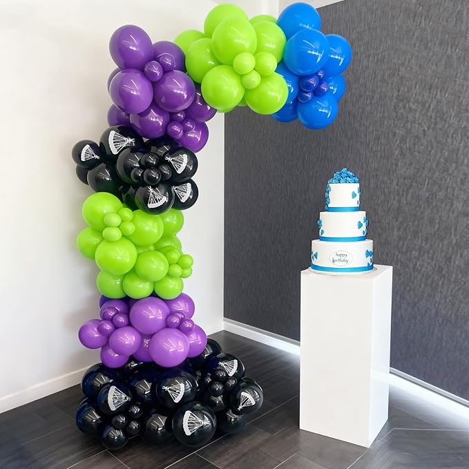 Green Purple Teal Balloons, 50PC 12 Inch Purple Blue Teal Fruit Green Black Parachute Print Balloons for Boys Game Theme Birthday Baby Shower Graduation Party Decorations