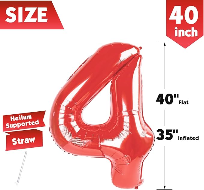 40 Inch Red Number 4 Balloon, Giant 4 Number Balloons for 4th Birthday Decorations, Party Supplies for Baby Boy Girl, Red Party Decor
