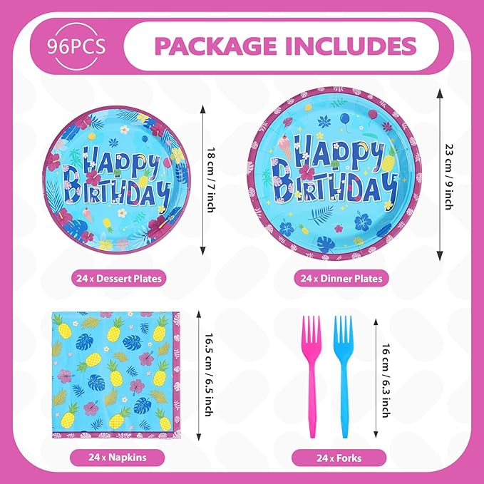 96Pcs Hawaiian Birthday Decorations Tropical Luau Blue Cartoon Plates and Napkins Tableware Sets Hawaii Hibiscus Party Decorations Favors for Summer Aloha Beach Pool Holiday Party Supplies Serves 24