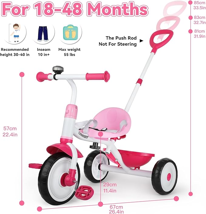 Liberry 2 in 1 Toddler Tricycle Age 2 3 4 Years Old, Kids Trike with Adjustable Push Handle, Bell & Basket, 3 Wheel Bike Riding Toy Birthday Gift for Girls Boys, Pink
