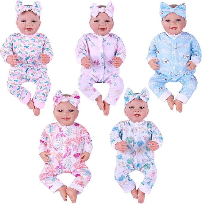 BABESIDE 5 Sets of Reborn Baby Doll Clothes with Doll Headband for 17-22 Inch Dolls, Realistic Baby Doll Clothes and Accessories Set with Various Cute Patterns for Real Life Baby Dolls