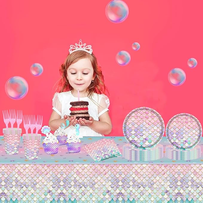 121 Pcs Mermaid Birthday Party Decorations Plates Set for 24 Guests,Little Mermaid Party Supplies Ocean under the Sea Party Tableware Plate,Fork,Napkins Tablecloths Cups for Princess Girls