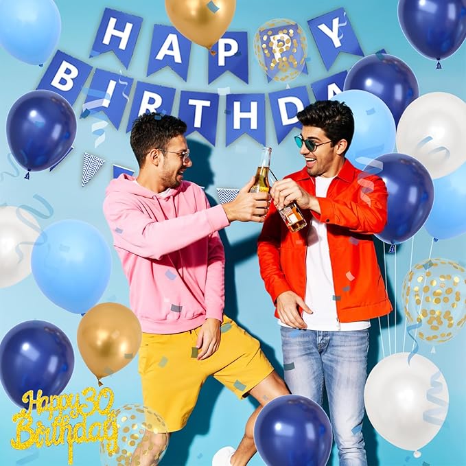 30th Birthday Decorations, Dark Happy Birthday Party Decorations With Number 30 Balloons Metallic Gold Pearl White Light Blue Fringe Curtain Banner Cake Topper For Man Woman Party Supplies