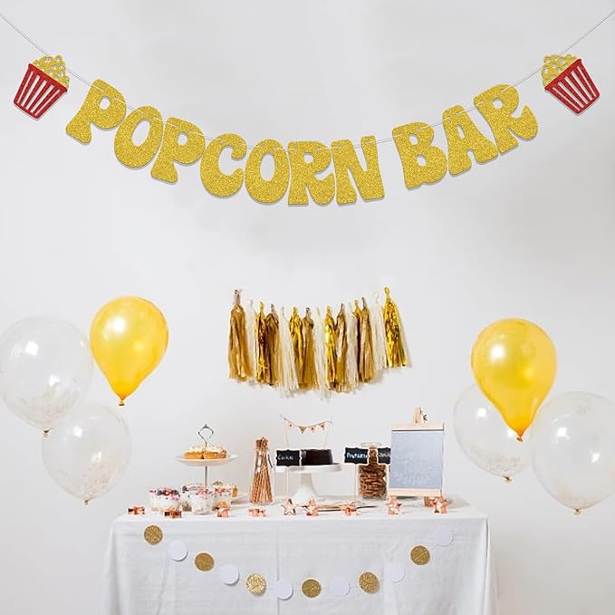 Popcorn Bar Banner - Movie Birthday Party Decoration - Funny Popcorn Birthday Bachelorette Party Decoration Gold Glitter