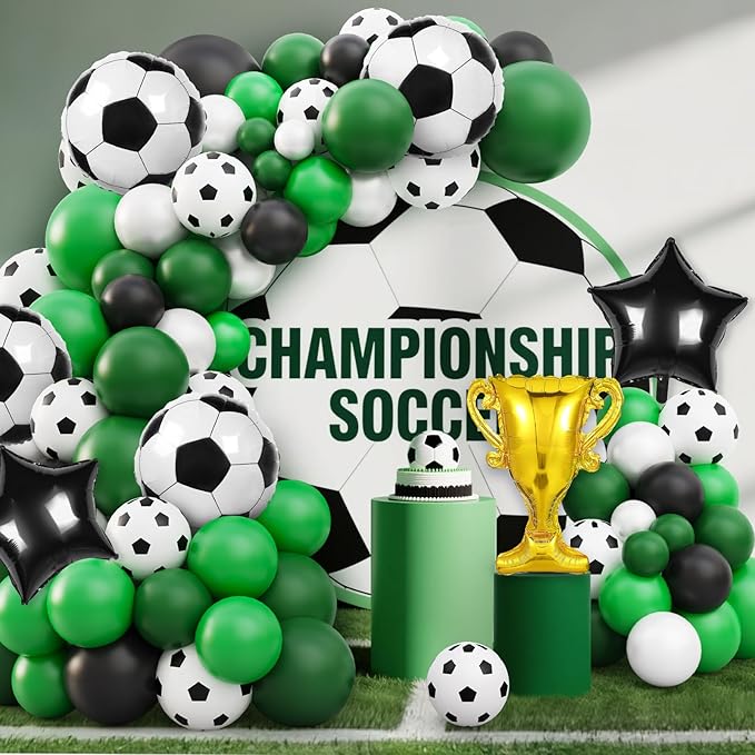Soccer Party Decorations, 113Pcs 12 10 5 inch Soccer Balloons Garland Arch Kit Green White Black Balloons for Boys Soccer Sports Theme Birthday Party Decorations