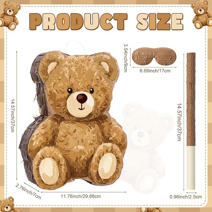 Bear Piñata Birthday Party Decorations Animal Birthday Party Supplies Brown Piñata with Blindfold Stick for Boys Girls Kids Valentine Baby Shower Decor Supplies Favors