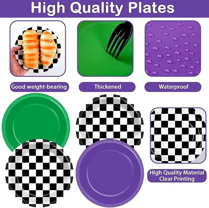 CHUNNIN 48PCS Green Purple Monster Truck Party Paper Plates for Monster Truck Themed Party Supplies 7" Checkered Racing Car Cake Disposable Dinnerware for Kids Birthday Baby Shower Decorations