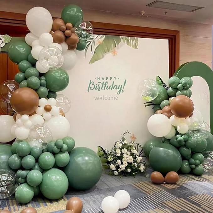Sage Green Brown White Garland Arch Kit, 155Pcs Latex Balloons Different Sizes 18 12 10 5 inch for Safari Jungle Woodland Birthday Baby Shower Decorations
