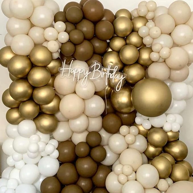 Brown and Gold Balloons, 60PCS 12 Inch Brown Sand White and Nude Balloon Set with Metallic Gold Confetti Balloons, Latex Helium Balloon for Birthday Wedding Graduation Anniversary Party Decorations