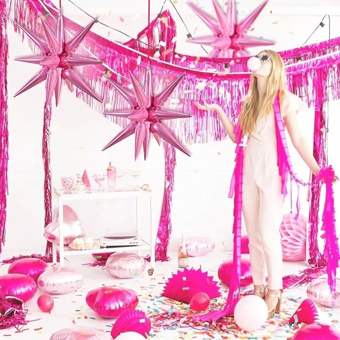TONIFUL 4 Pcs 22inch 4D Pink Explosion Star Foil Balloons 14Point Light Pink Star Mylar Balloons for Party Backdrop Christmas New Year Birthday Wedding Baby Shower Anniversary Photo Booth Supplies