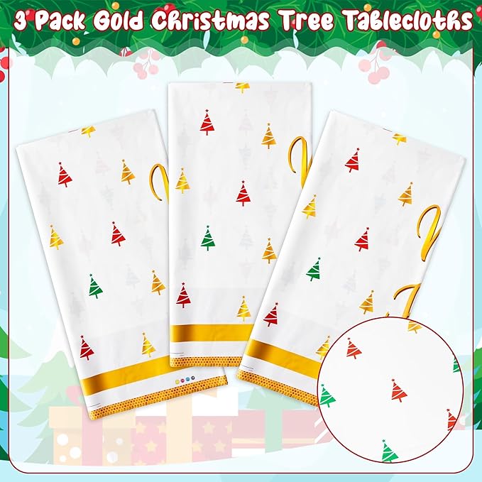 Christmas Winter Waterproof Tablecloths - 3 Packs Gold White Mini Christmas Tree Tablecloths Colorful Waterproof Table Cover Merry Bright Disposable Plastic Tablecloth Xmas Party Table Decor