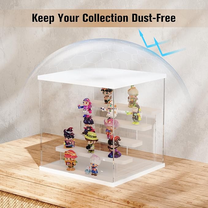 Nynelly Acrylic Lighted Display Case for Collectibles, 5 Tier Figure Display Box with Door and Steps, Assemble Dustproof LED Showcase Storage Box for Mini Figures, Funko Pop, Toys, White