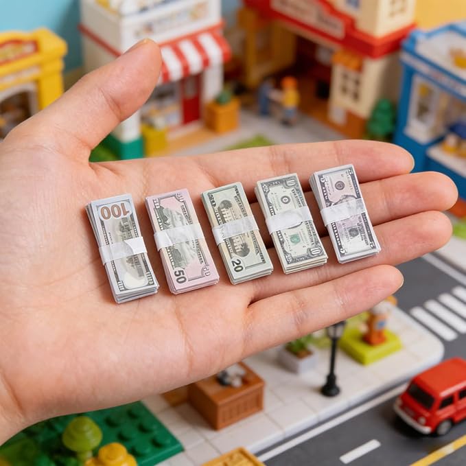 500PCS 1:12 Miniature Scene Dollars Set, 5 10 20 50 100 Fake Bill Prop Money, Realistic Tiny Mixed Denominations Stacks for Dollhouse Accessories