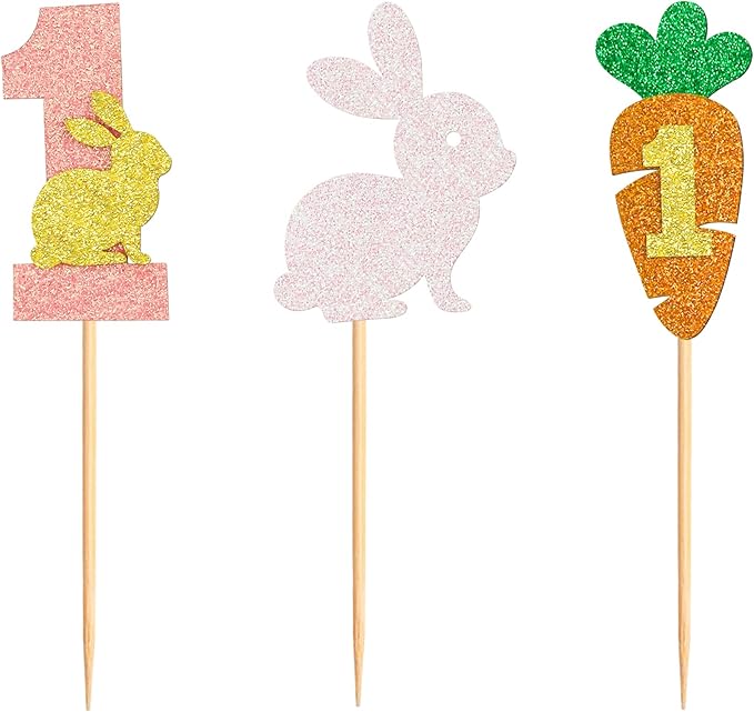 Ercadio 24Pcs Easter Bunny One Cupcake Toppers Glitter Rabbit Carrot One Cupcake Picks for Easter 1st Birthday Party Easter Baby Shower Rabbit Boys Girls First Birthday Cupcake Decorations