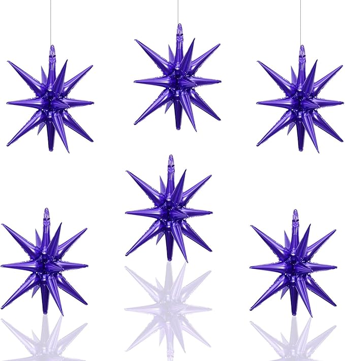 6 Pcs Purple Star Foil Balloons One-Piece 14-Pointed Star Balloon 4D Starburst Cone Mylar Balloon 22inch Christmas Birthday Wedding Wedding Anniversary Party Supplies(Purple)