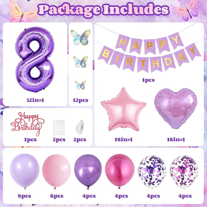 8th Birthday Decorations for Girl,Pink Purple 8th Butterfly Decoration Birthday Balloons Pink Purple Banner Number 8 Balloons Cake Topper Butterfly Party Supplies for Girls