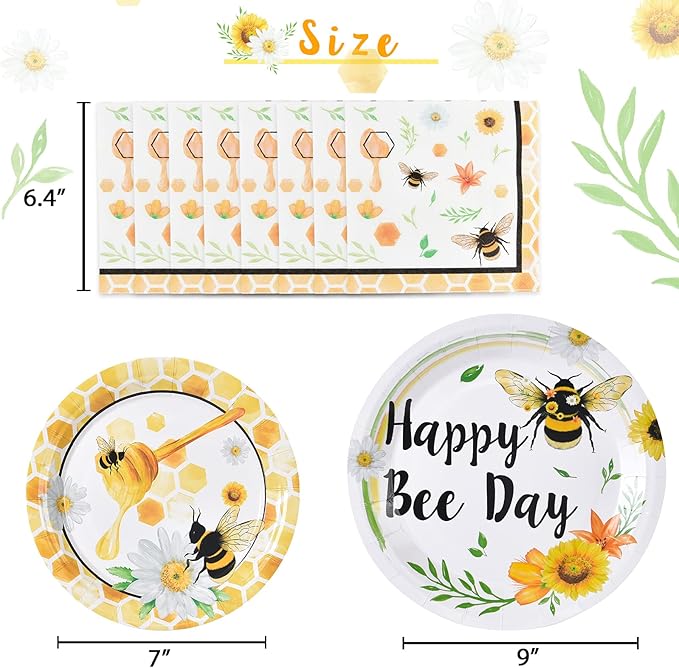 WERNNSAI Bee Plates and Napkins - 48 PCS Happy Bee Day Party Supplies for Kids HoneyBee Party Tableware Set Dinner Dessert Cake Plates Lunch Napkins Serves 16 Guests
