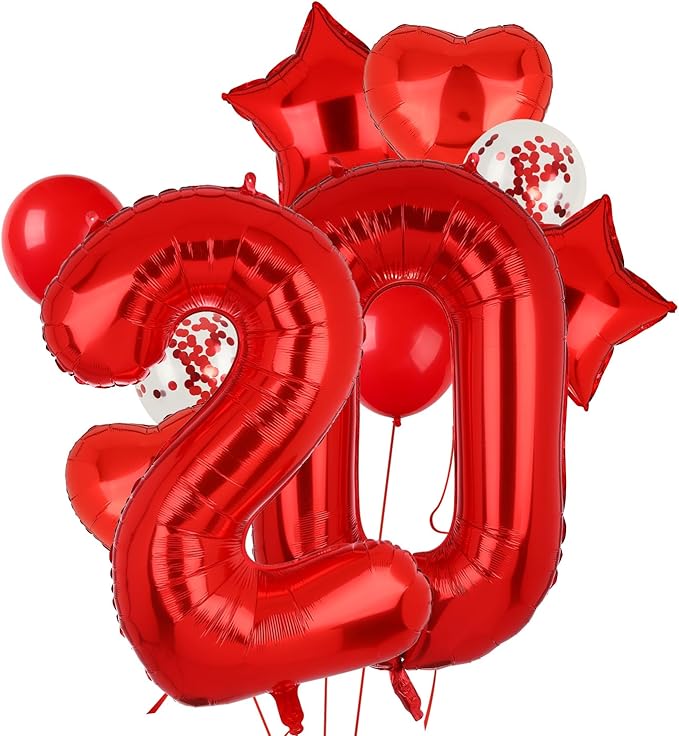 40 Inch Red Number Balloons 20 Mylar Foil Helium Digital Balloon 20th Anniversary Event Celebration 20th Birthday Party Decor Supplies 10 Pcs