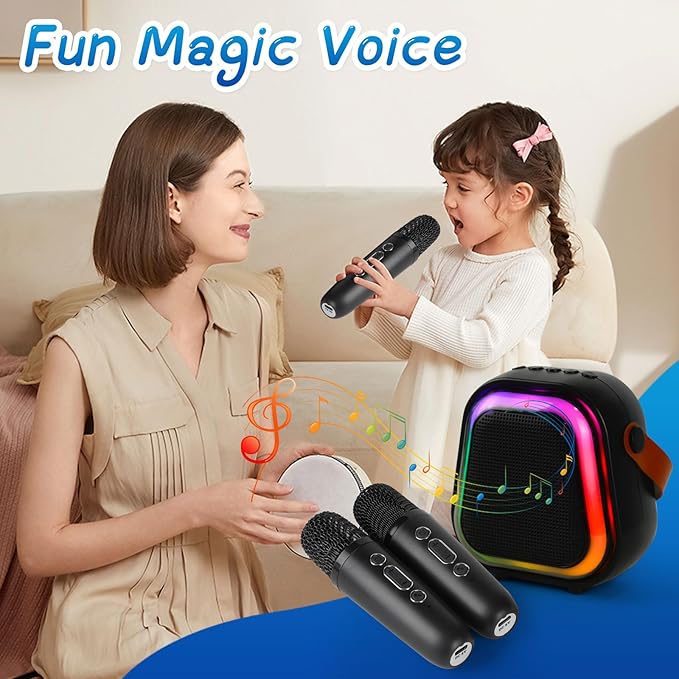 K269 Mini Karaoke Speaker with LED Lights, Portable Bluetooth Entertainment System with 2 Microphones, Dynamic Color-Changing Effects for Kids (Black+2 Mic)