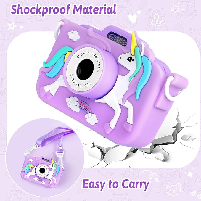 Unicorn Camera for Kids - Toddler Digital Selfie Camera with Silicone Cover, Flash and 32GB SD Card - Children Toy HD Video Kids Camera for Girls and Boys 3-12 Years - Purple