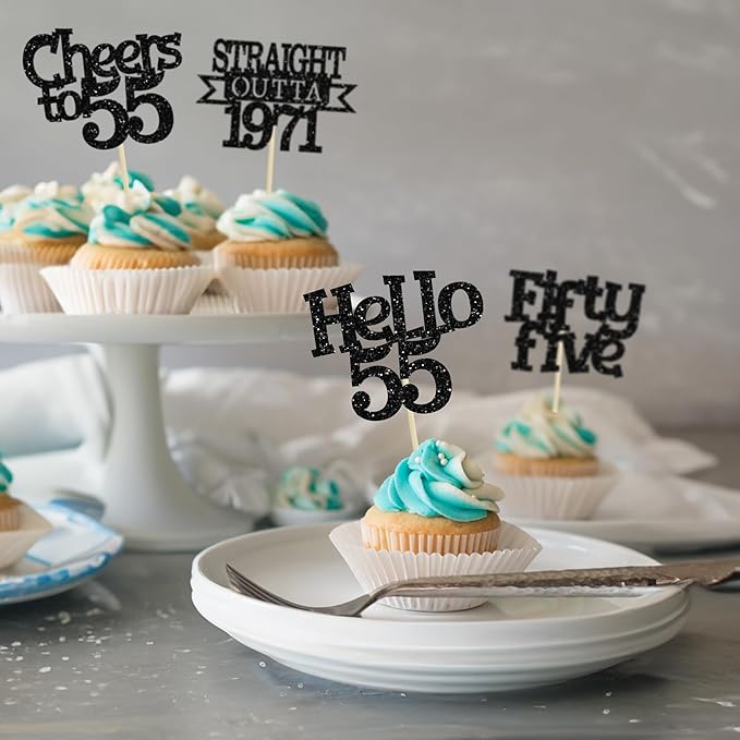 Ephlyn 24Pcs 55th Birthday Cupcake Toppers Glitter Straight Outta 1971 Cupcake Picks Hello 55 Cheers to 55 Years Cake Decorations for 55th Birthday Anniversary Party Decorations Supplies Black