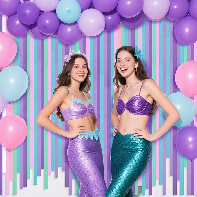 Streamers Party Decorations, 8 Rolls Crepe Paper with Purple, Blue, Mint and White Party Streamers for Mermaid Birthday, Winter Party Decorations, Baby Bride Shower,Wedding