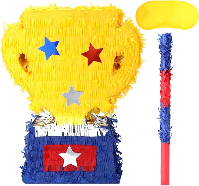 Gold Trophy Pinatas Bundle with a Blindfold and a Bat (Small Size 15.5 x 13 x 4 Inches), Perfect for Sport Team School Event Parties, Champion Award Ceremony Party Decorations Games