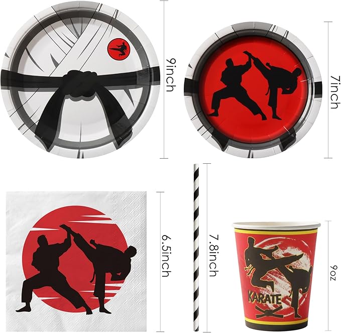 Karate Birthday Party Decorations, 120Pcs Karate Themed Party Supplies Disposable and Dynamic Tableware Includes Paper Plates, Napkins, Cups and Straws | Serves 24
