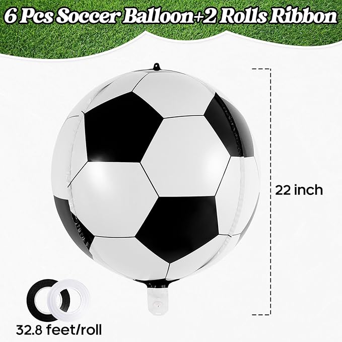 Soccer Balloons, 22 Inch Large Metallic Round Sphere Soccer Ball Balloons, 6 Pcs Foil Mylar Football Balloons for Birthday Soccer Sports Themed Party Decoration Supplies