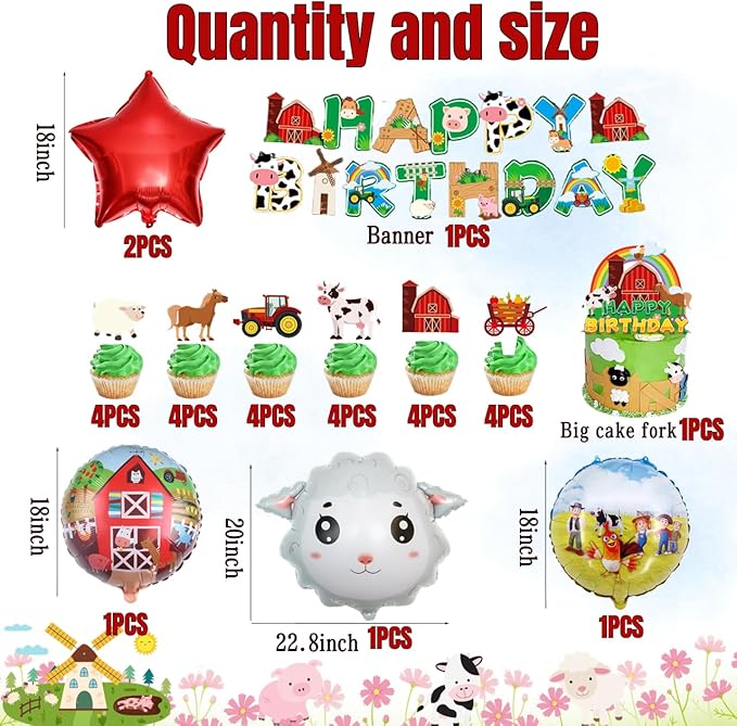 37pcs Farm Animal Theme Party Balloons, Cupcake Farm Cow Print Sheep Pig Donkey Mylar Foil Balloons Baby Shower Boy Girl Birthday Party Decor Supplies (red)