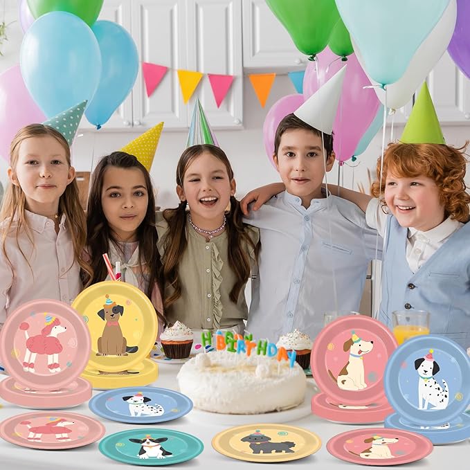 60pcs Pet Dog Birthday Party Supplies Vintage Puppy Paper Plates 7 Inch Retro Puppy Face Dessert Plates Cute Dog Themed Table Decorations Tableware for Kids Birthday Baby Shower Disposable Party Favor