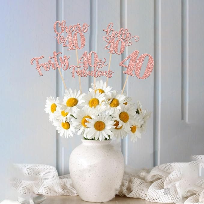 15PCS Happy 40th Birthday Centerpiece Sticks Forty Hello 40 Cheers to 40 Table Flower Centerpieces Sticks 40 Fabulous Floral Decorations for Happy 40th Birthday Party Centerpieces Supplies Rose Gold