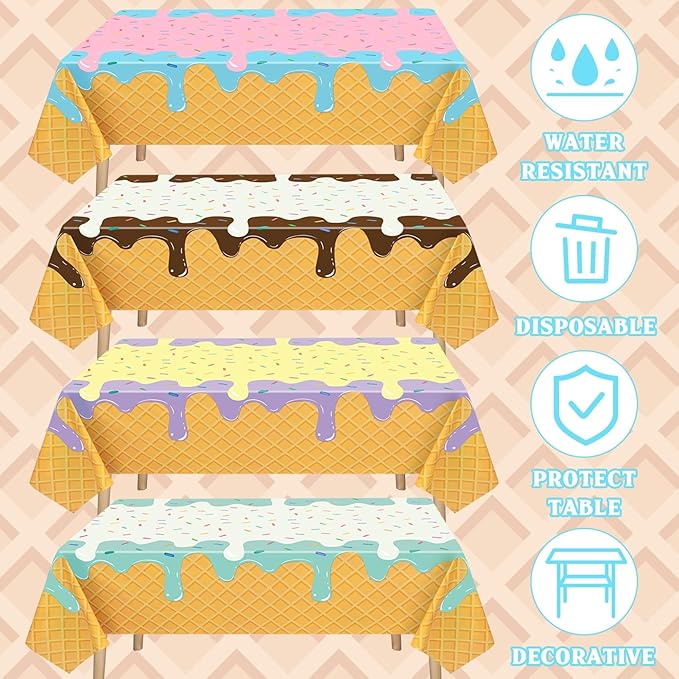 Ice Cream Party Supplies, 4 Pack Ice Cream Disposable Tablecloth 54 x 108 in Waterproof Plastic Rectangular Table Cover for Birthday, Summer Party, Baby Shower, Sweet Dessert