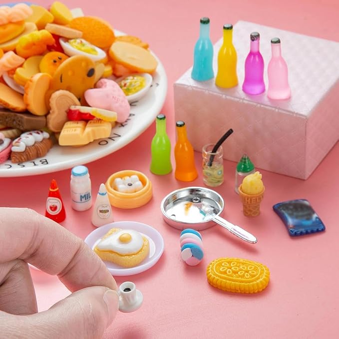 200Pcs Dollhouse Miniature Food Drinks Bottle Cooking Toys Kitchen Accessories Mini Play Fake Resin Pretend Game Party Tableware Bread Cake Ice Cream 1/12 Doll House Landscape