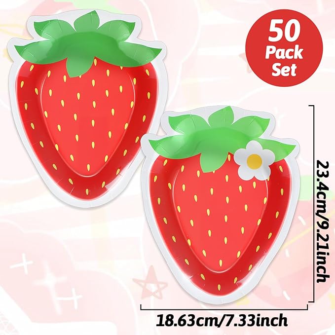 50 Count Strawberry Party Paper Plates Strawberry Theme Shortcake Dessert Cake Disposable Plates for Birthday Parties, Weddings, Baby Showers Decorations Supplies