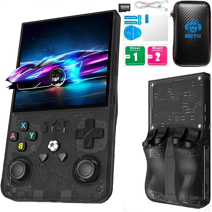 R36MAX Retro Handheld Game Console,Retro Gaming Console with 18000+ Games 128GB Card,4 Inch IPS Screen, Portable Video Gaming, Plug and Play Gameboy for Adults(Gray and Black)