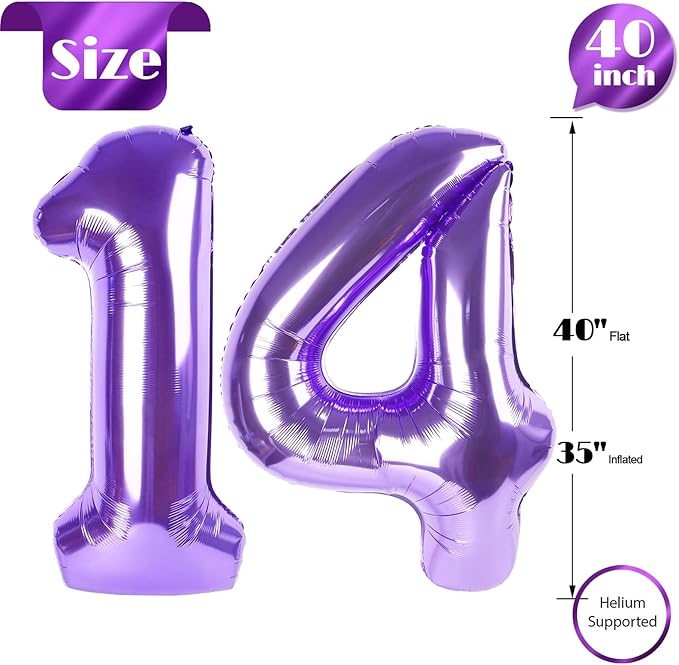 Purple Number 14 Balloon 40 inch, 14 Number Balloons, 14th Purple Birthday Decorations, 14 Year Old Girls Boys Party Supplies