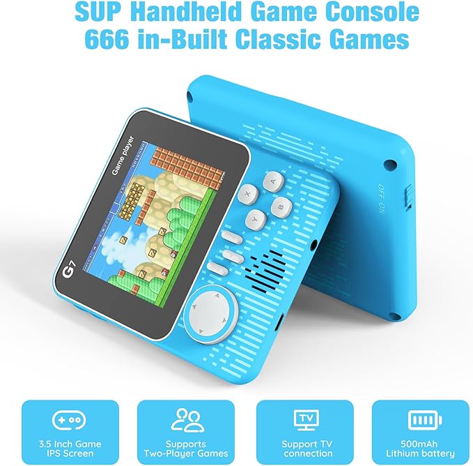 G7 Retro Handheld Game Console, Portable Gaming Device with USB Cable, Blue Color, Classic Arcade Style Display, Built-in Games