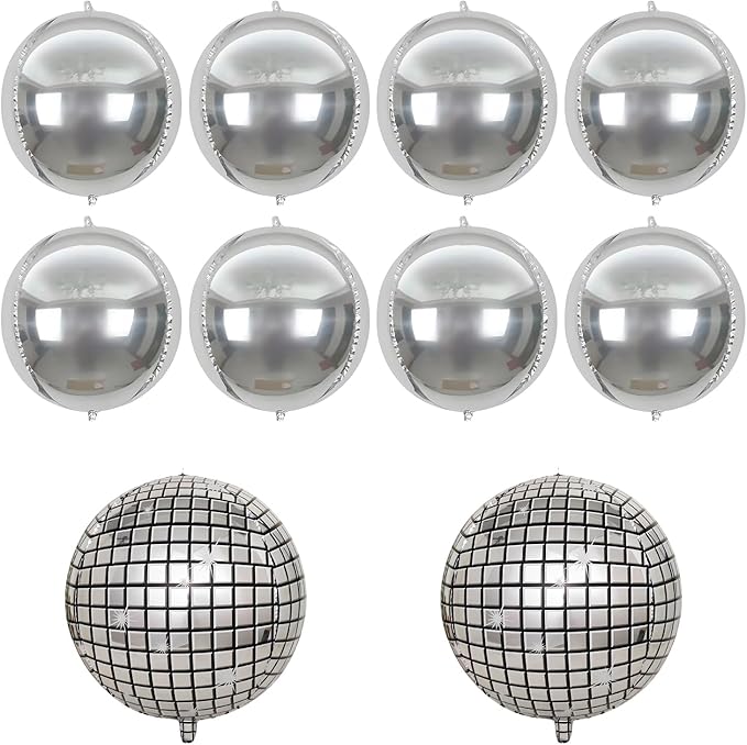 FBQ Silver Disco Foil Balloons and Silver 4D Round Ball Balloons 70s 80s 90s Birthday Wedding Party Decorations Supplies