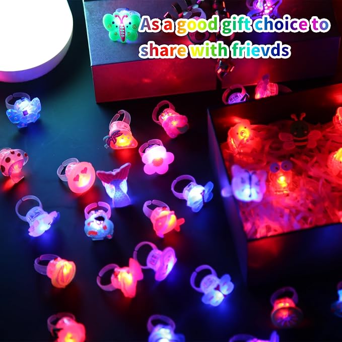 NEEW 50 Pcs LED Light Up Ring Bulk Toys, Glow in The Dark Party Supplies, Party Favors for Adults Kids Pinata Filler Goody Bag Stuffers Random Patterns