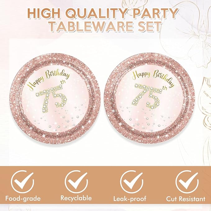 75th Birthday Decorations for Women,75th Birthday Party Plates and Napkins,Rose Gold 75 Year Old Party Theme Tableware 75 Party Table Decorations Supplies,Disposable 7'' Paper Plates, Napkins