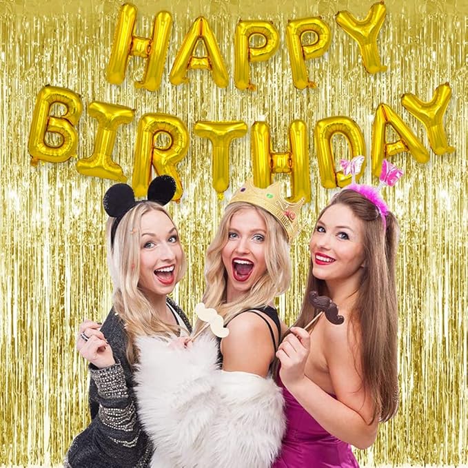 3Pcs Gold Metallic Tinsel Foil Fringe Curtains,3.28ft x 6.56ft Gold Photo Booth Backdrop Streamer Curtain,Photo Booth Props,Ideal Bachelorette Party Supplies, Birthday, Christmas,New Year Decorations